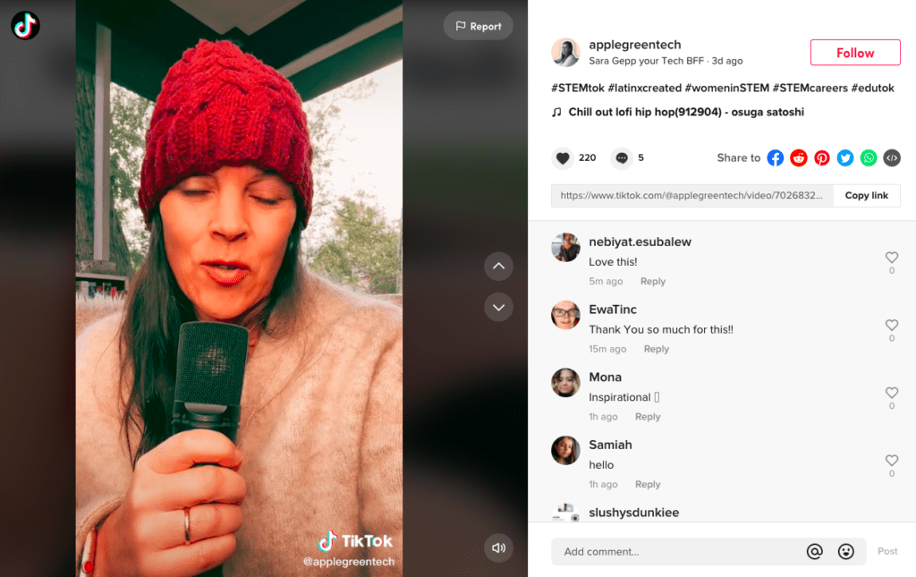 screenshot of a tiktok video using hashtags relating to women in STEM careers