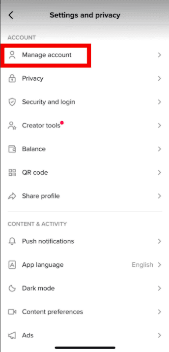 screenshot showing how to set up a pro account on TikTok