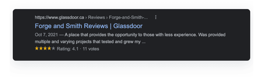 screenshot showing Forge and Smith's Glassdoor rating of 4.1