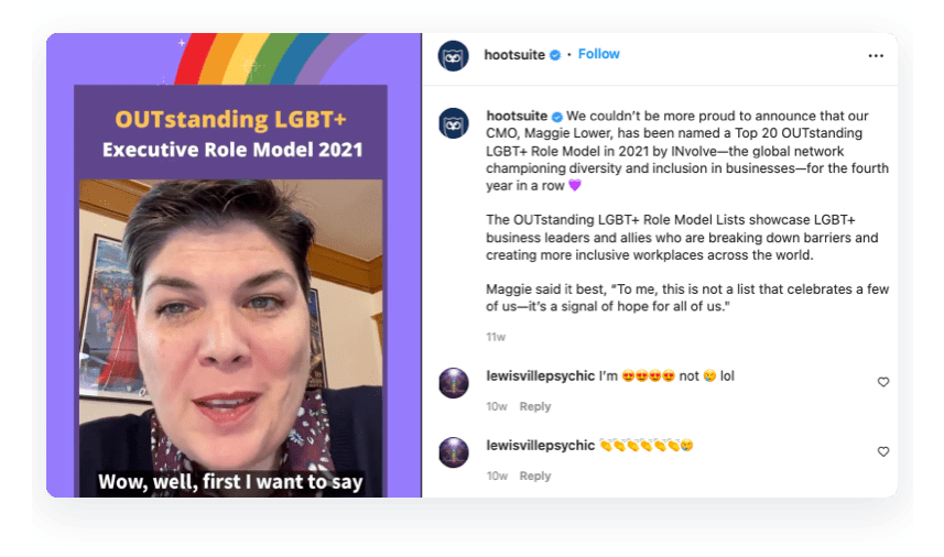 instagram post announcing an LGBTQ+ business award won by a Hootsuite employee