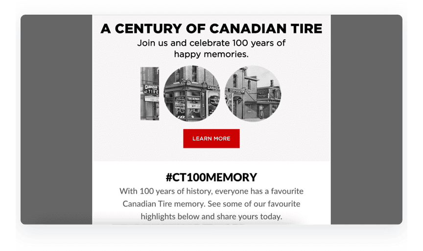 screenshot of Canadian Tire email celebrating 100 years in business and encouraging people to share photos of Canadian Tire products or memories