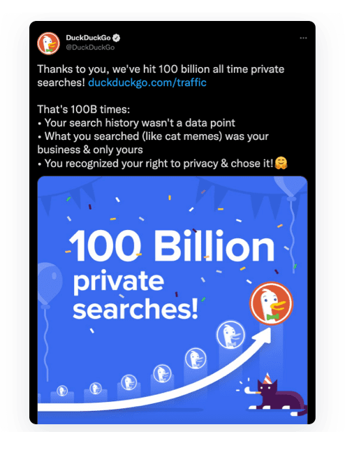 screenshot of a tweet from DuckDuckGo search engine announcing 100 billion searches