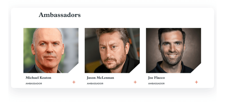screenshot showing three photos of brand ambassadors featured on a website