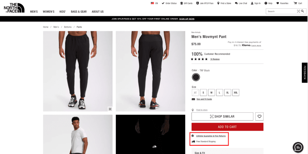 The North Face website uses two trust badges on a product page 