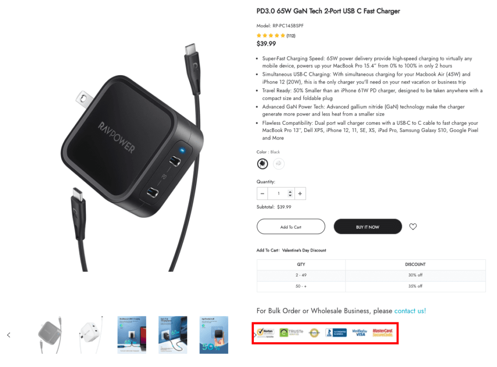 Amazon displays 6 security badges on a product page