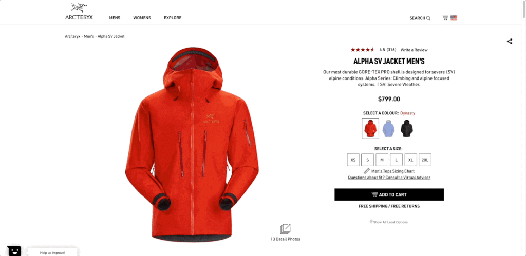 Arc'teryx has its "add to cart" button above the fold, uses the "Z" pattern, and has scroll-friendly CTAs