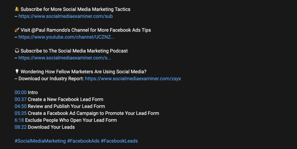 screenshot showing the calls-to-action in the video description by Social Media Examiner
