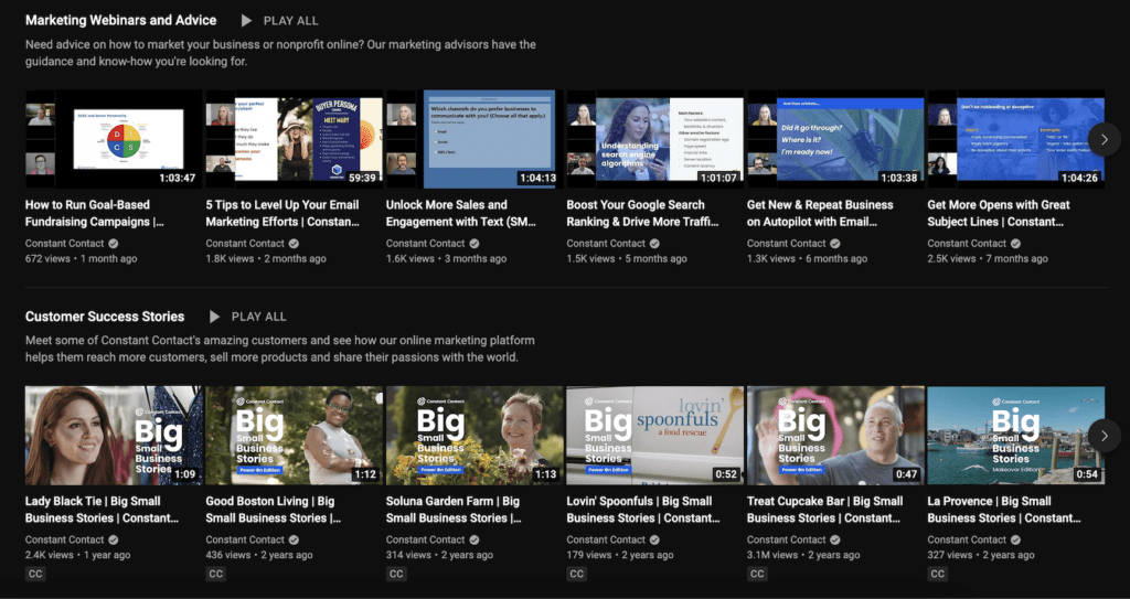 screenshot showing Constant Contact's YouTube video collections