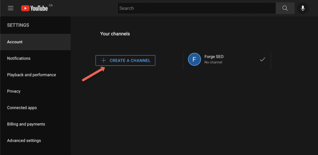 screenshot of how to create a channel in YouTube channel list