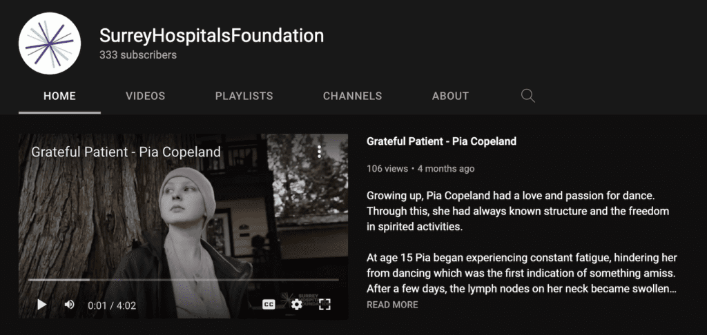 screenshot showing the featured video for Surrey Hospitals Foundation