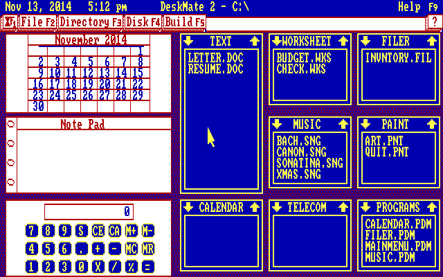 A screenshot of a 1980s Tandy desktop with the "Text" app in the middle of the blue DeskMate interface
