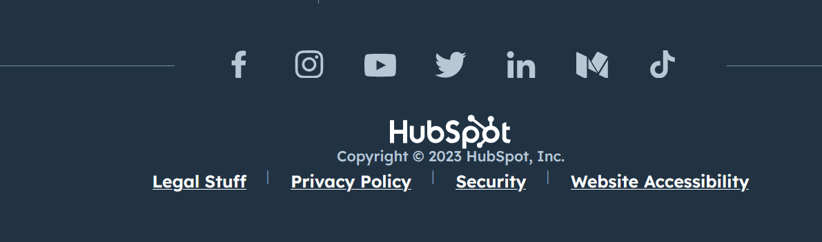 Hubspot footer screenshot of the hubspot website footer, which shows the following legal links: legal stuff, privacy policy, security, and website accessibility