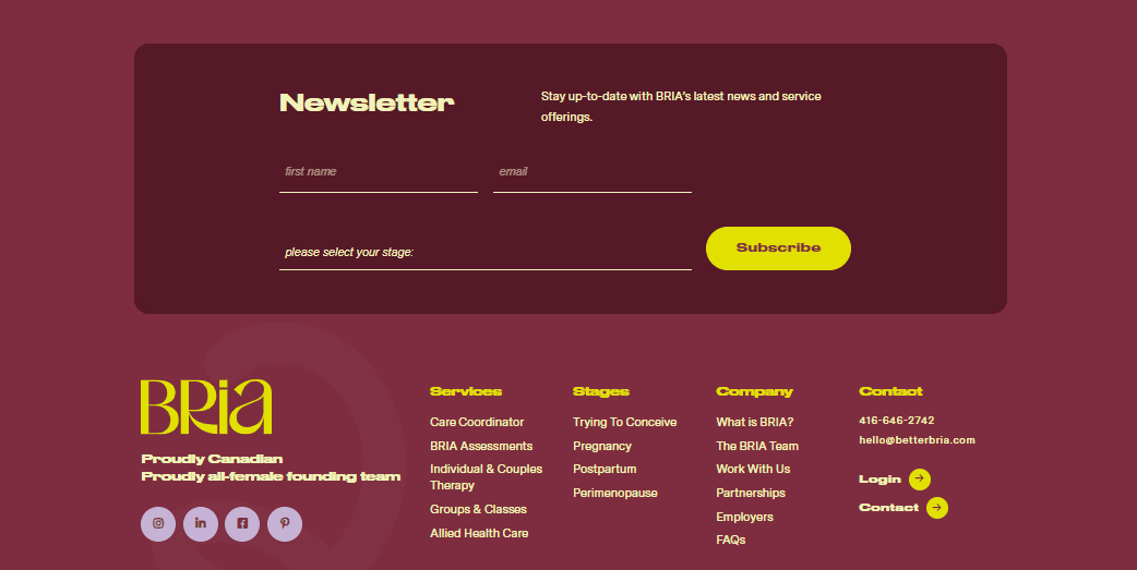 Screenshot of the Bria footer, which has a newsletter callout in a darker burgundy colour, atop a lighter burgundy background, with yellow text and a large yellow "subscribe" button 