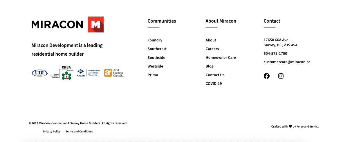 Screenshot of the Miracon website footer, which has four small business membership logos on the left side, below their tagline.