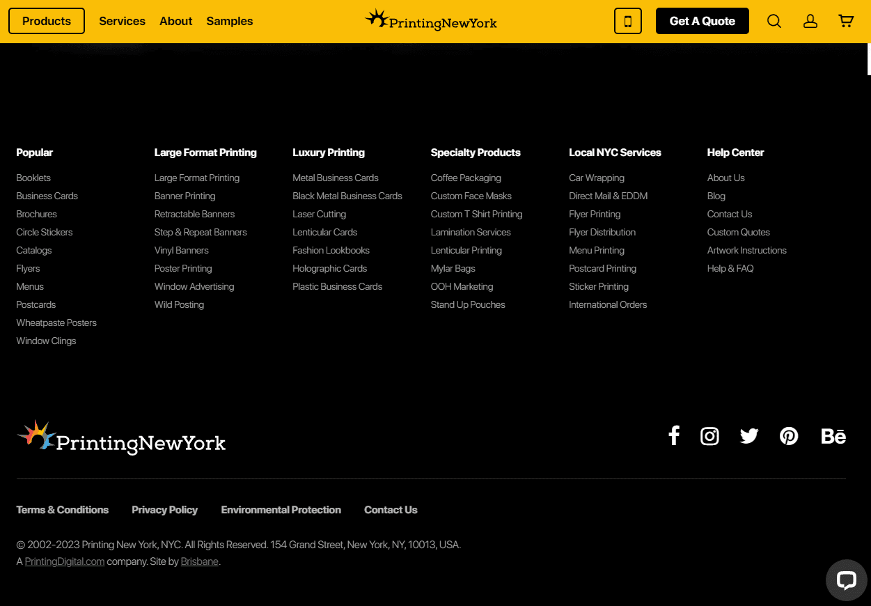 Printing New York screenshot of the Printing New York website footer, which has dozens of links in six columns