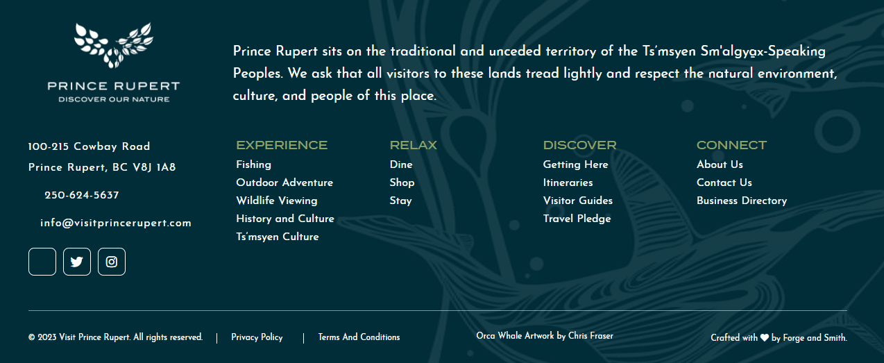 screenshot of the Tourism Prince Rupert website footer, which shows four columns of links: experience, relax, discover, and connect