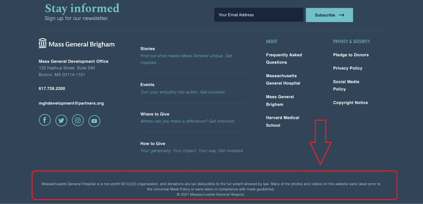 Mass General Brigham screenshot of the Mass General Brigham website footer, which has a statement in fine print about people not wearing masks in their photos.