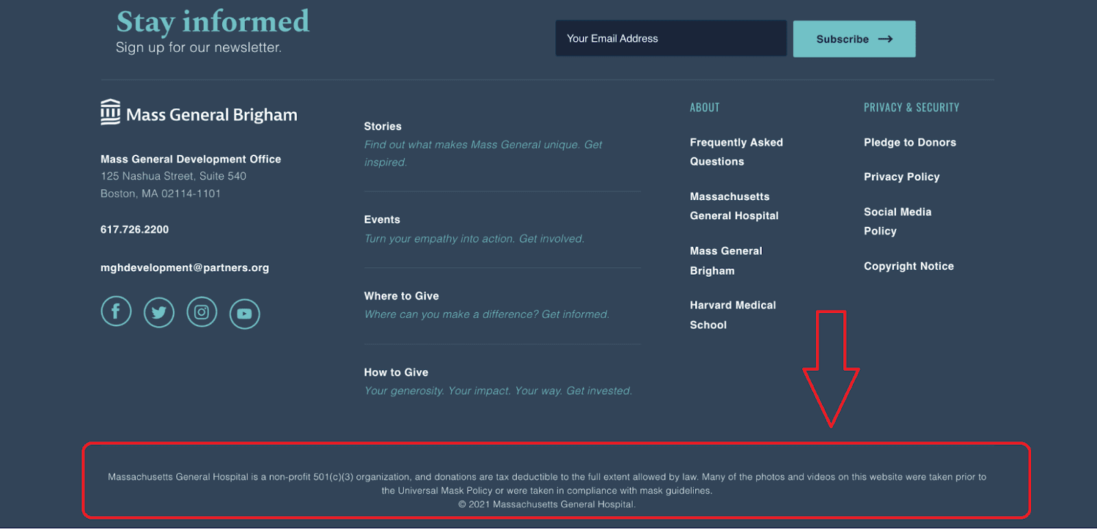 screenshot of the Mass General Brigham website footer, which has a statement in fine print about people not wearing masks in their photos. 
