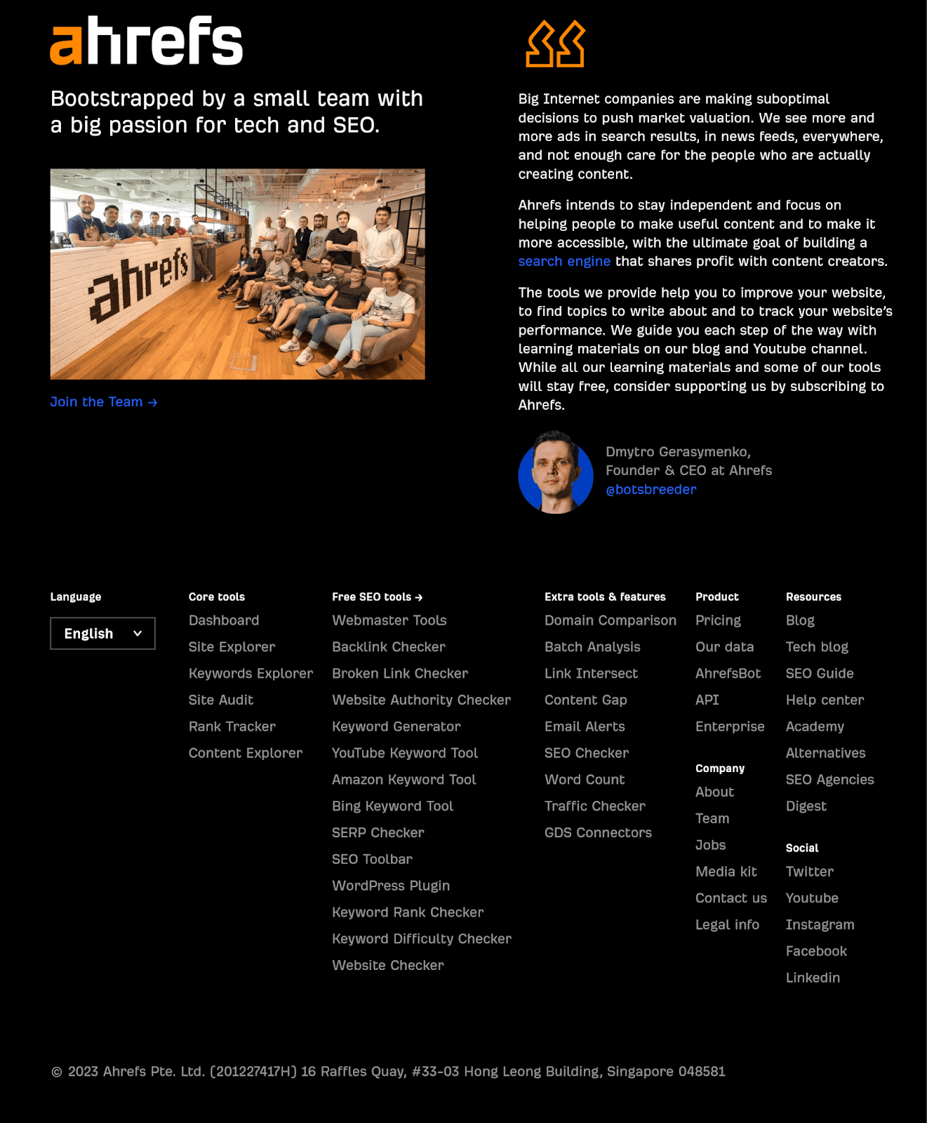 Ahrefs' website footer screenshot of the Ahrefs website footer, which includes a team photo and word from their founder as well as the usual links