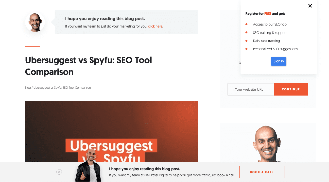 screenshot of Neil Patel's website, showing three pop-ups with his face asking you to click and contact him, and another pop-up with just text asking you to register for an account. The start of the article is not visible because there are so many pop-ups at the top of the screen.