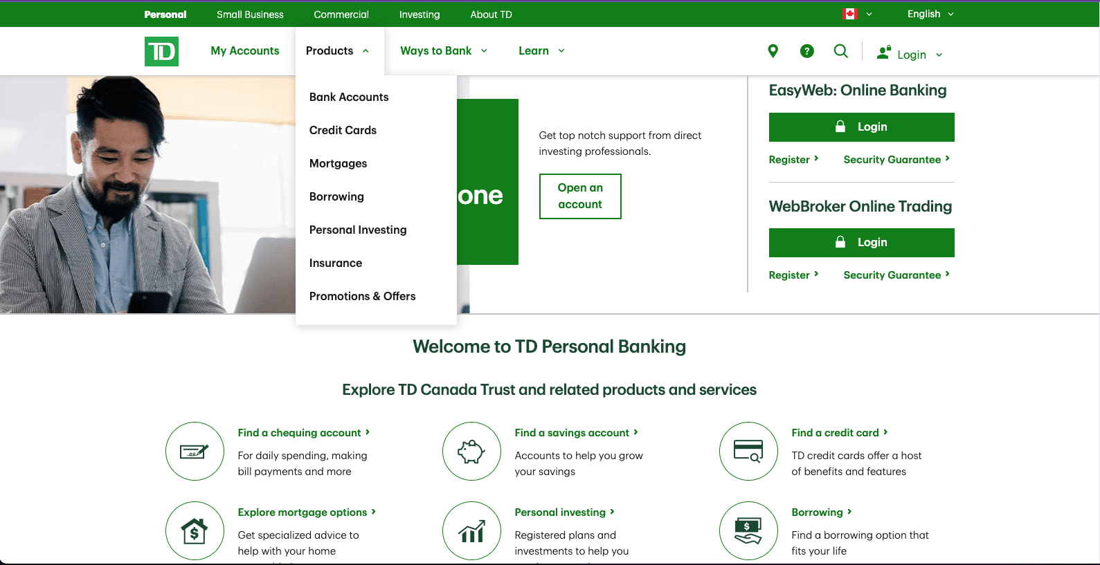 screenshot of the TD Bank homepage, where there are at least 31 visible clickable elements between menus and other links and buttons 
