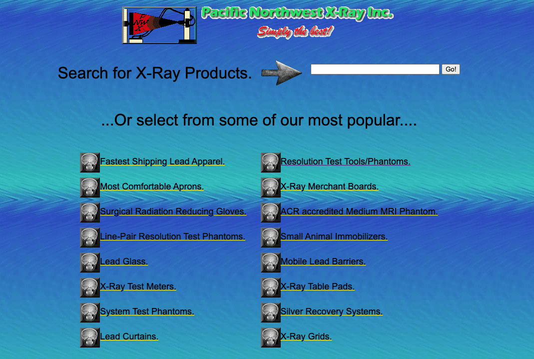 screenshot of the homepage for an X-ray product website that looks like it was built in the '90s, with terrible old graphics and fonts