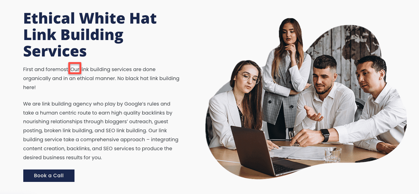 screenshot showing a link building website's homepage with a cheesy stock photo of four white people in awkward poses, pretending to be fascinated by a laptop screen