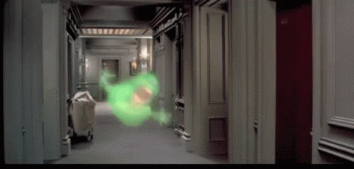 gif of Slimer from the 1984 movie Ghostbusters, rushing down a hallway toward Peter Venkman, who is screaming