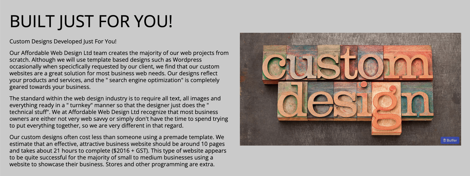 screenshot from a web design company's service page showing three long paragraphs of text next to a stock photo of the words "custom design"