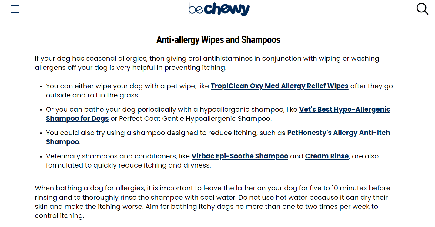 screenshot showing a section of Chewy's blog post about allergies in dogs