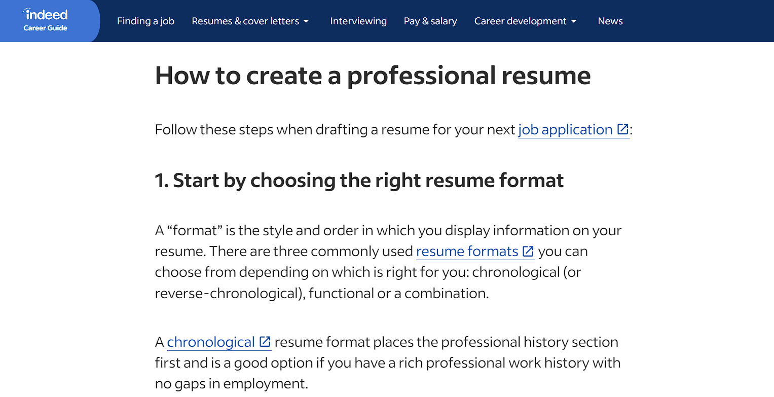 screenshot showing a blog post by Indeed that shares resume writing advice 