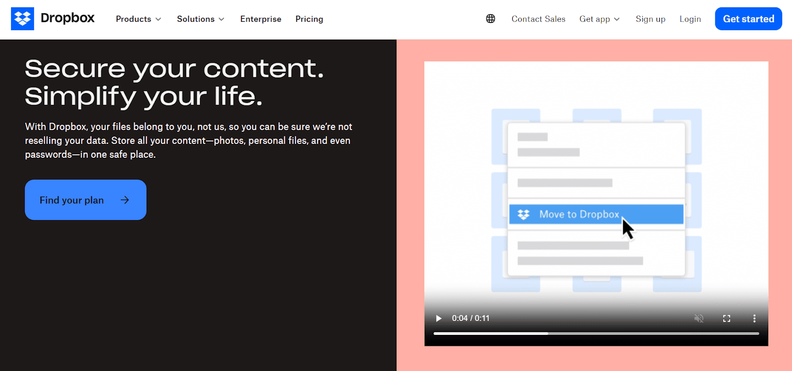 screenshot of a Dropbox page with simple copy and an explainer video