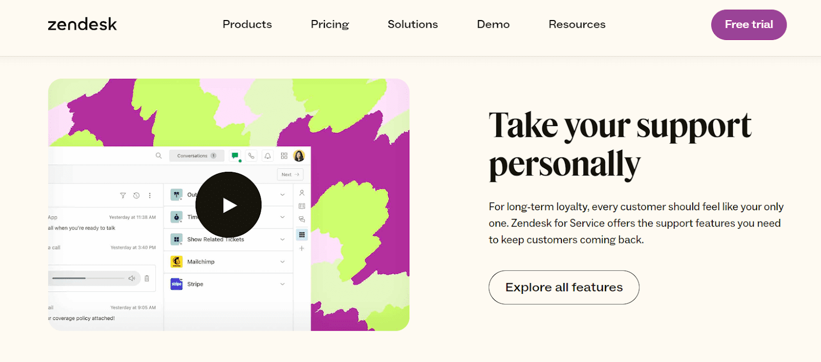screenshot of the Zendesk page with simple copy and an explainer video 