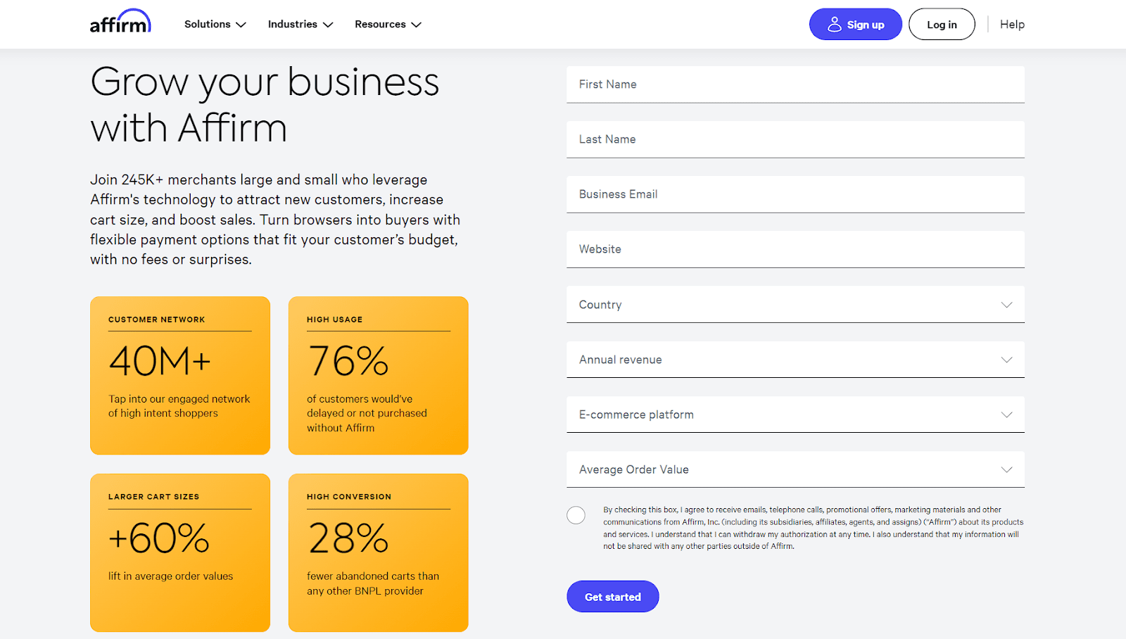 screenshot showing a value prop page for Affirm, with statistics about their success rate next to a contact form