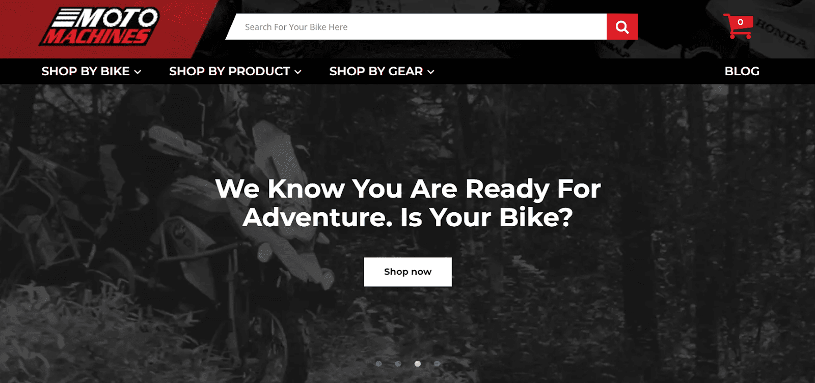 screenshot of the Moto Machines homepage, with an image of a bike in a forest and the line "we know you are ready for adventure. is your bike?" next to a shop CTA