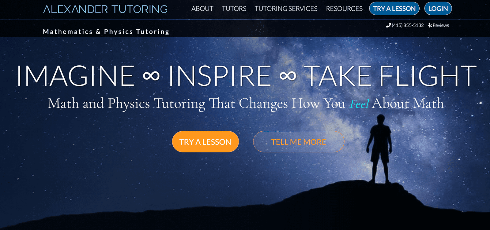 screenshot of the Alexander Tutoring homepage, which shows a young person standing on a rock, silhouetted against a glittering blueish night sky