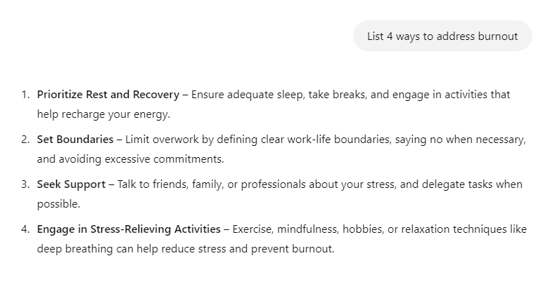 Screenshot showing an AI-generated list of 4 ways to address burnout. 