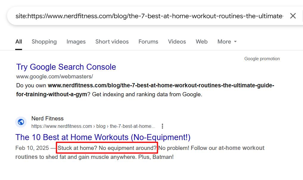 Screenshot showing a site search in the search results, with results showing meta descriptions to analyze