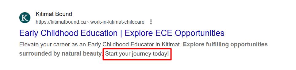 Screenshot showing how Kitimat Bound added "Start your journey today!" at the end of the meta description, with an exclamation point