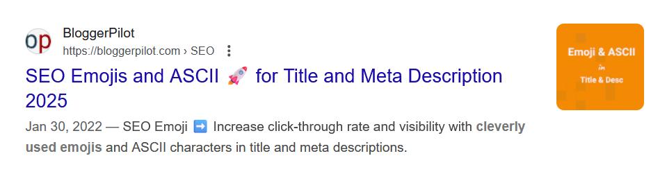Screenshot showing a blog post in the search results that has an emoji in the title, and a different one in the meta description.