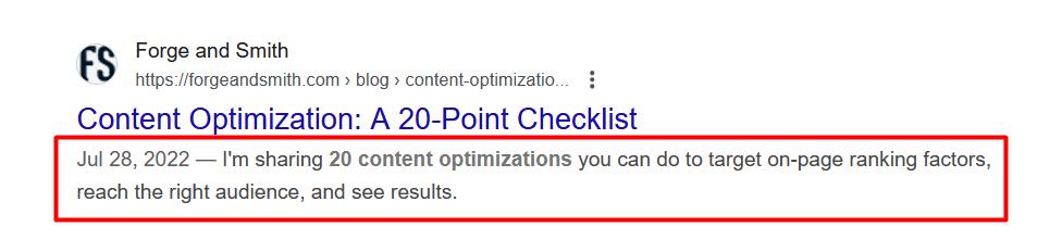 screenshot showing a Forge and Smith blog post in the search results, with a custom meta description beneath it