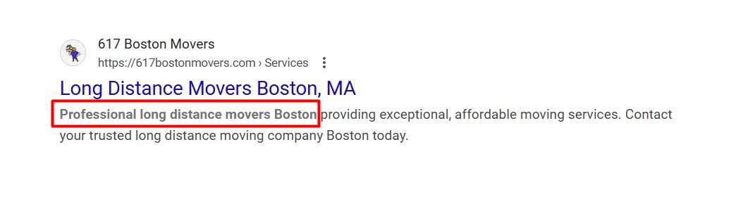 Screenshot showing how the company puts the word Boston near the start of the meta description
