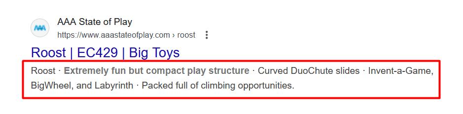 Screenshot showing an AAA State of Play meta description that highlights features.