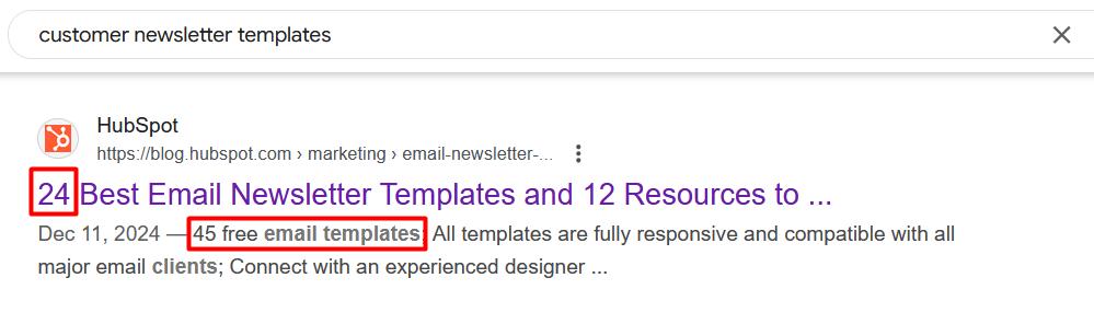 Screenshot showing Hubspot's blog post title that proclaims 24 email templates, but the meta description says the article contains 45 templates