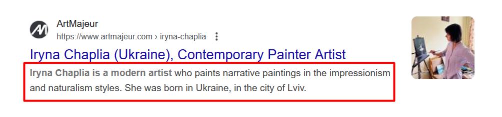 Screenshot showing the artist's short bio in the meta description.