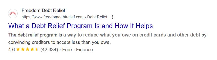 Screenshot showing Freedom Debt Relief's meta description that explains concisely what they do