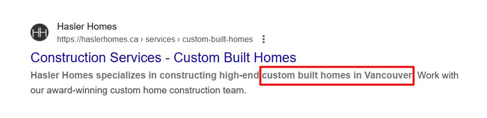 Screenshot showing how Hasler Homes puts Vancouver in the meta description