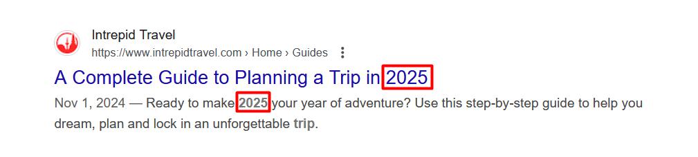 Screenshot showing 2025 in the title and meta description for a blog post.