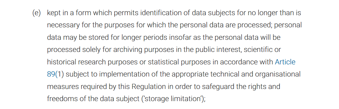 Screenshot of text from the GDPR defining data storage