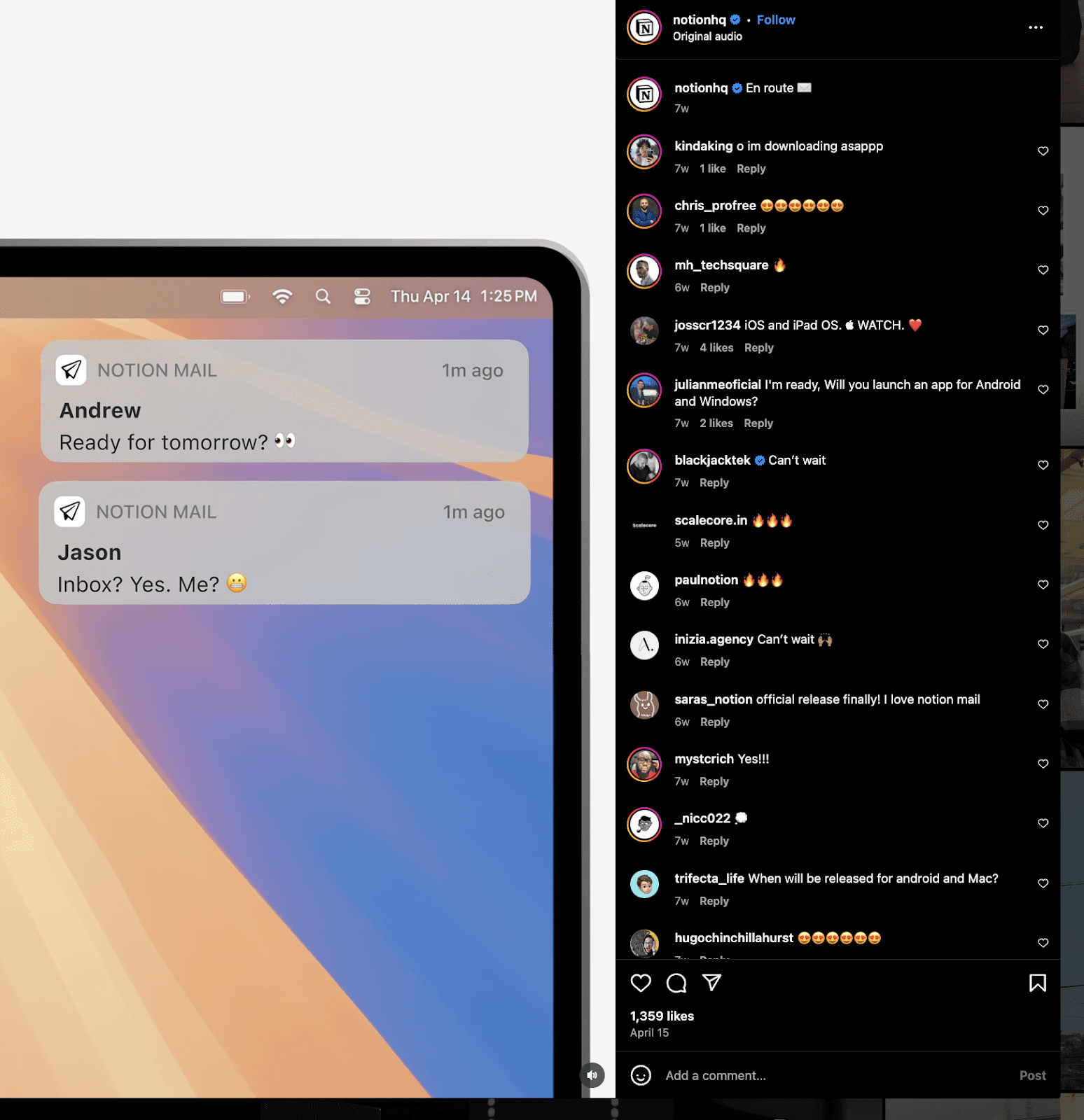 Screenshot showing a product demo video on Instagram by Notion